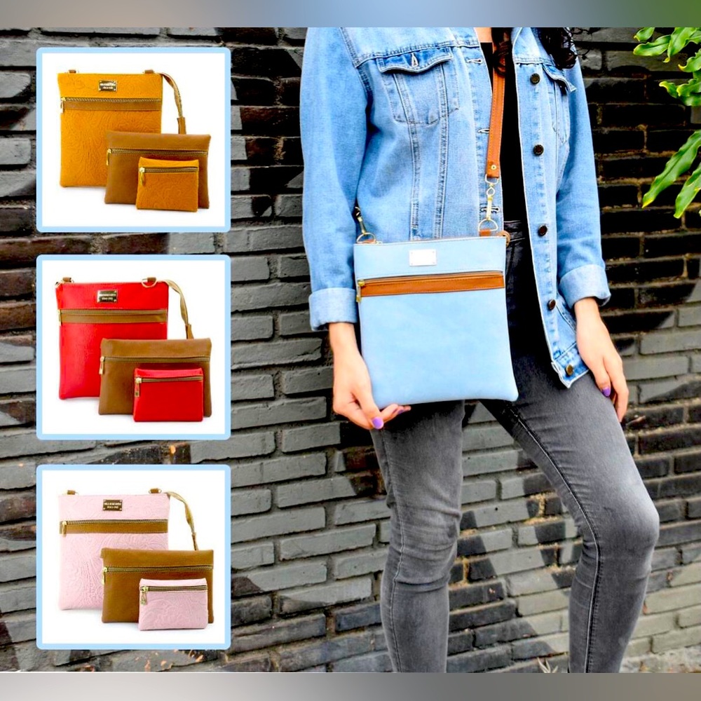 Kit 3 in 1 vegan leather includes Crossbody,cosmetic bag and coin purse